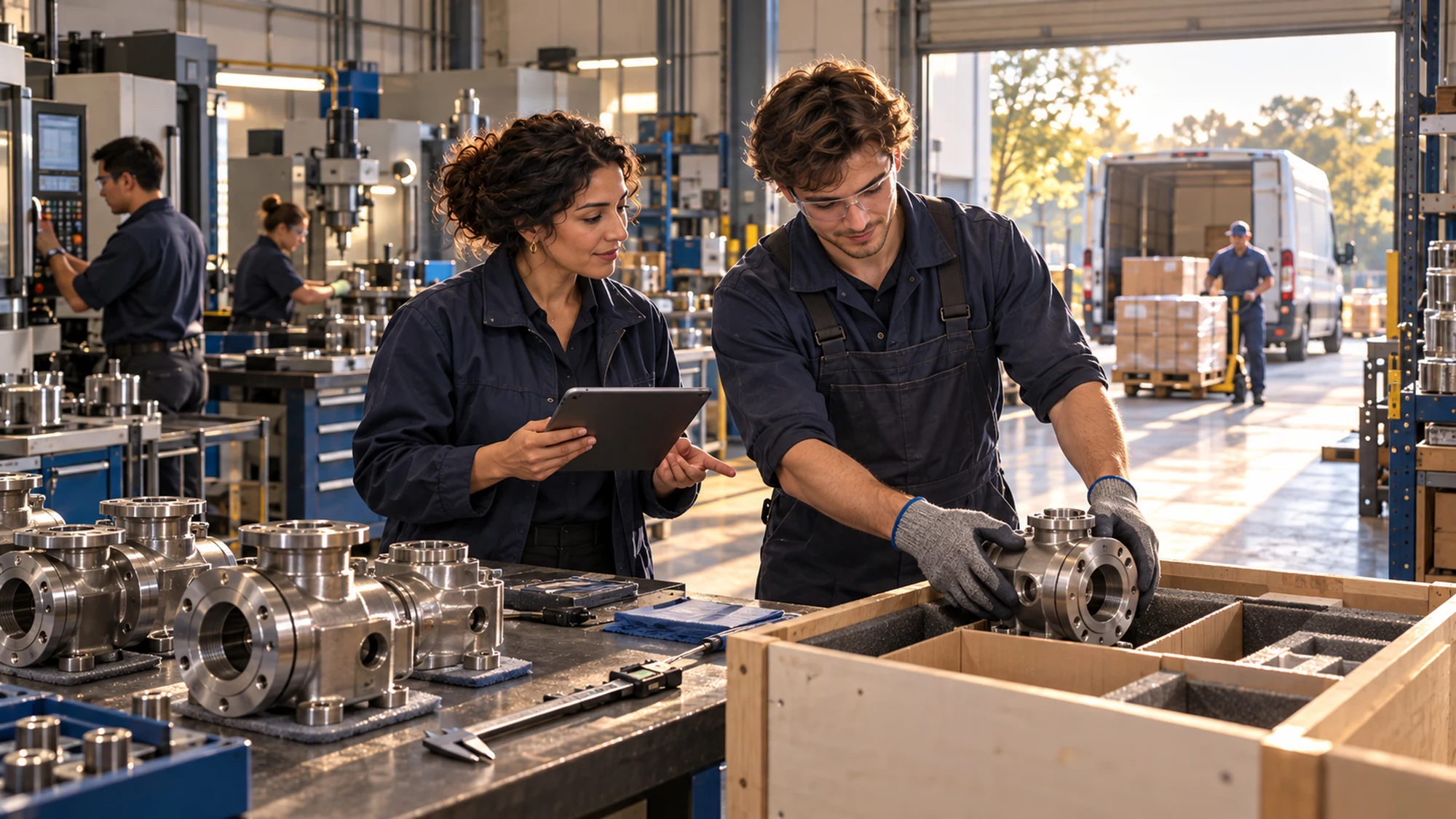 Engineers at work in a manufacturing facility