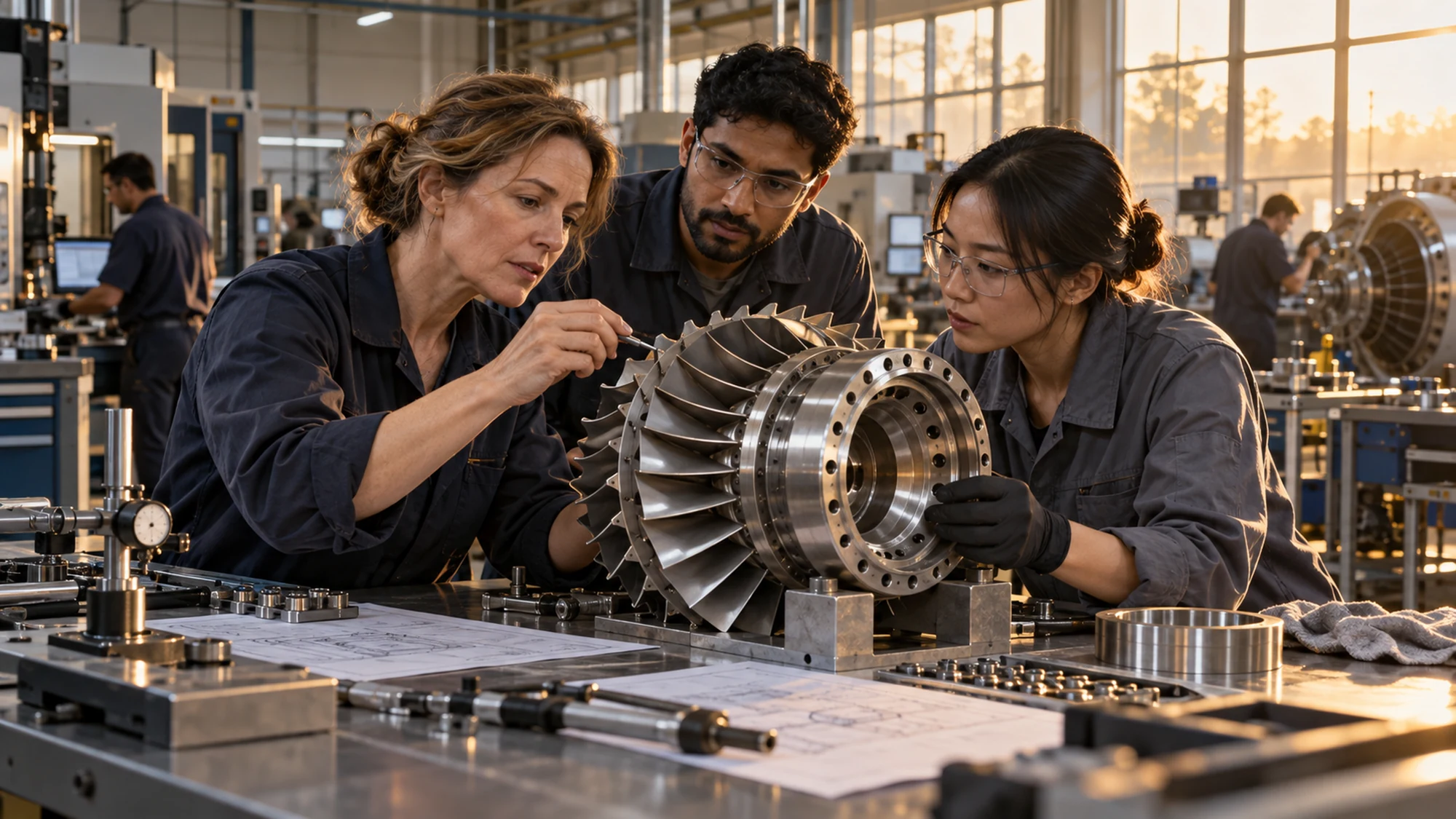 A global team of engineers collaborating around a precision component
